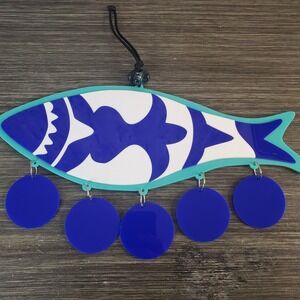 Fish Shaped Heavy Plastic Hanging Outdoor Garden Decor 14" Long Blue Teal White